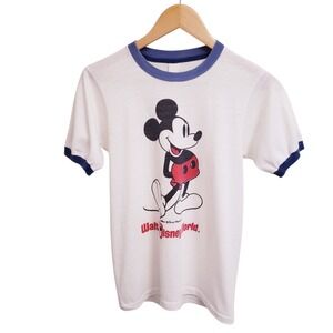 Vintage Walt Disney World Mickey Mouse Ringer White & Blue T-Shirt